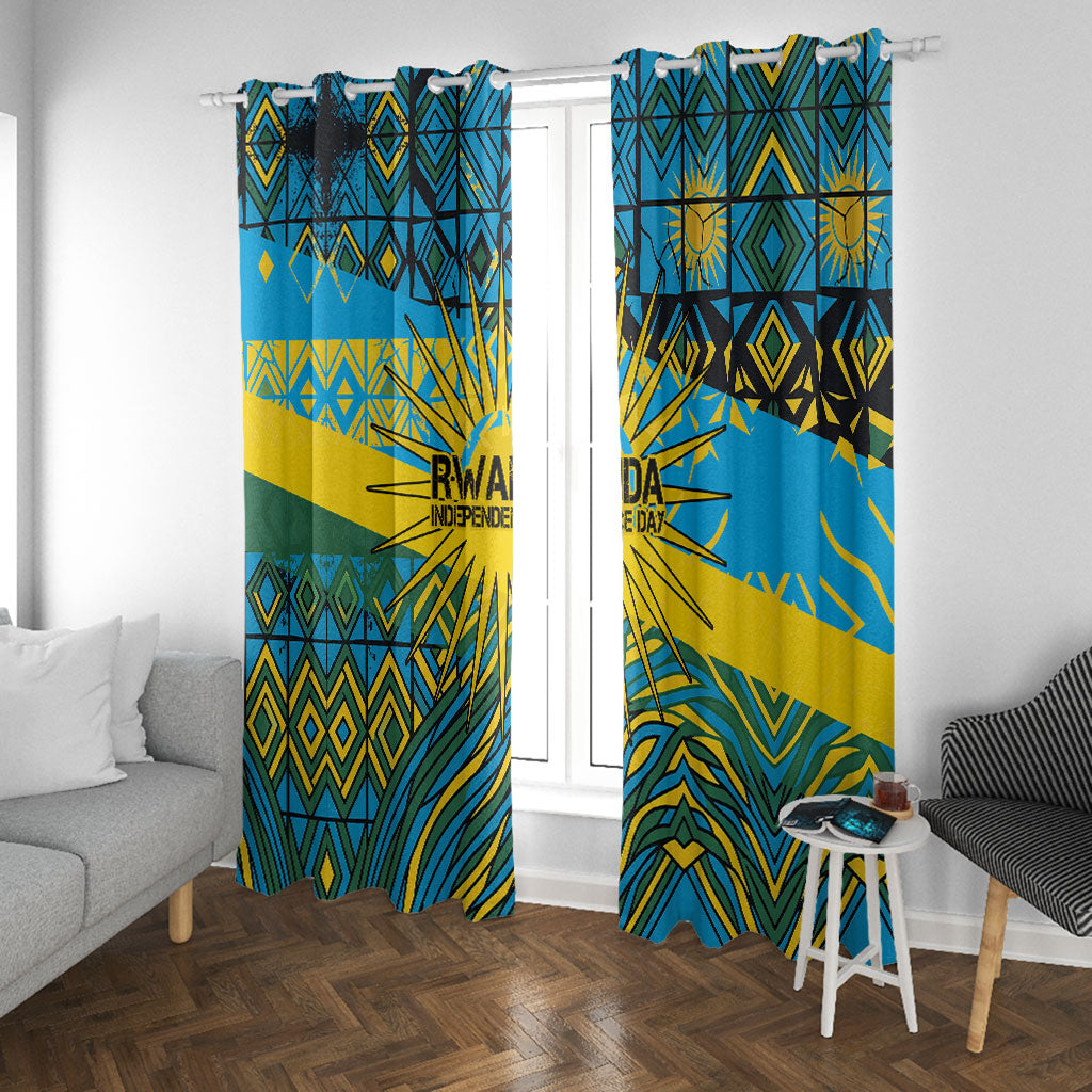 Rwanda Independence Day Window Curtain Tribal Geometric Pattern - National Coat Of Arms And Sunburst