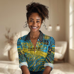 Rwanda Independence Day Women Casual Shirt Tribal Geometric Pattern - National Coat Of Arms And Sunburst