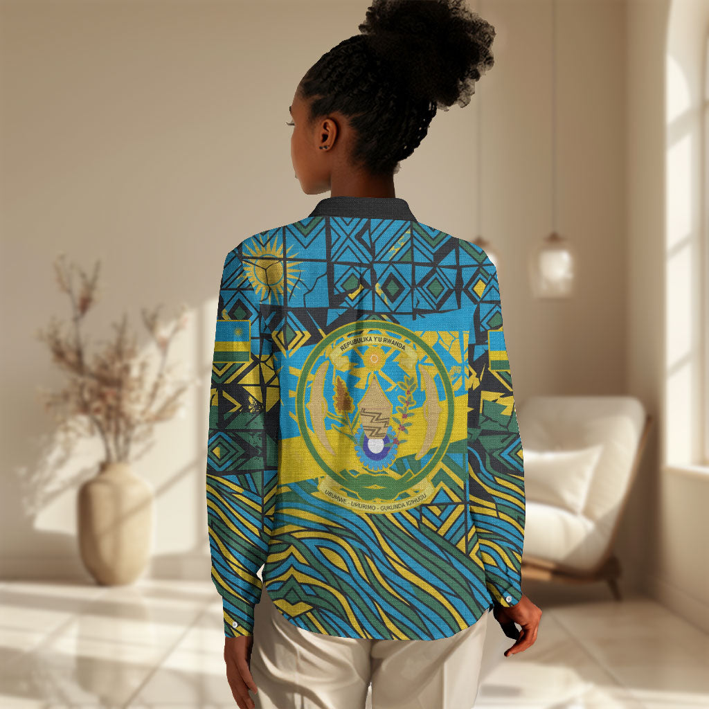 Rwanda Independence Day Women Casual Shirt Tribal Geometric Pattern - National Coat Of Arms And Sunburst