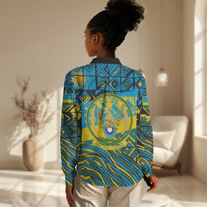 Rwanda Independence Day Women Casual Shirt Tribal Geometric Pattern - National Coat Of Arms And Sunburst
