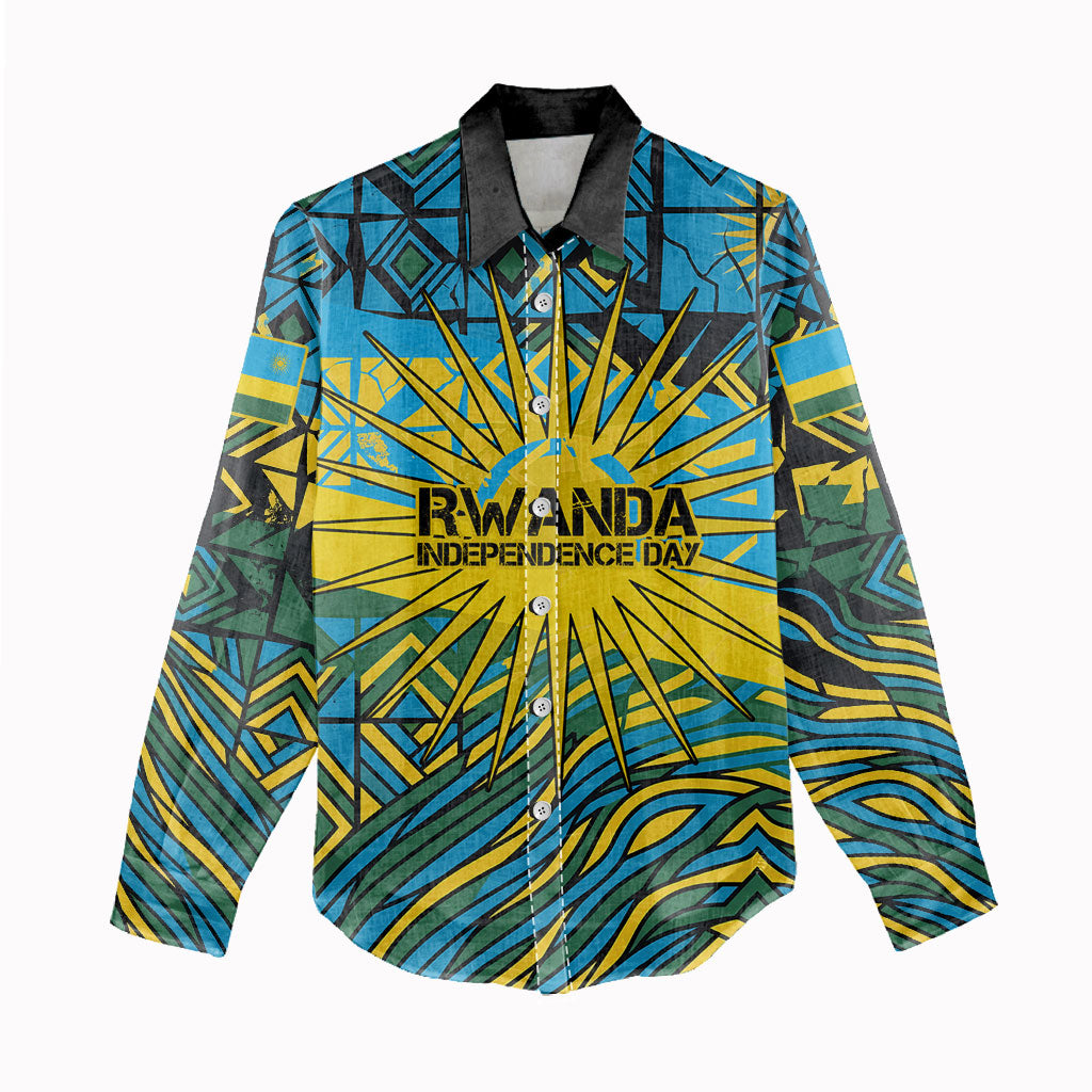 Rwanda Independence Day Women Casual Shirt Tribal Geometric Pattern - National Coat Of Arms And Sunburst