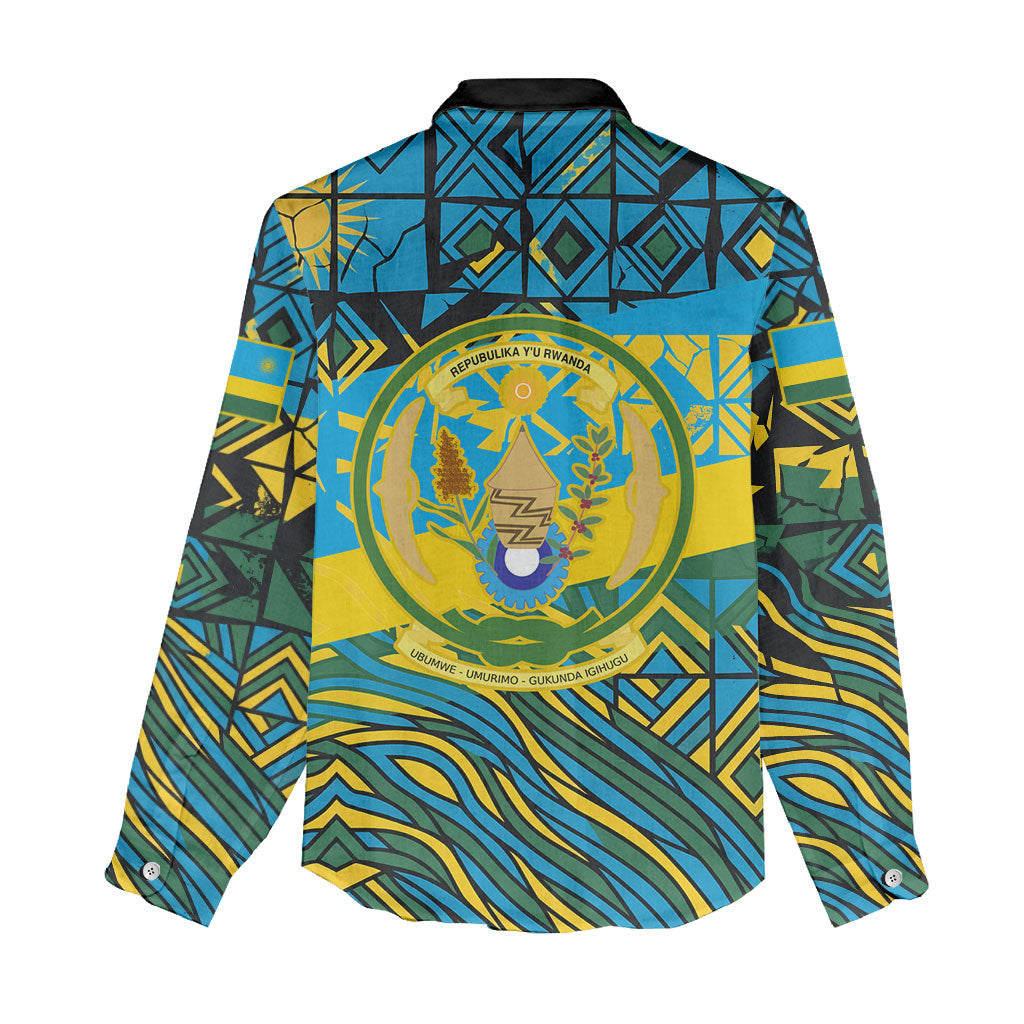 Rwanda Independence Day Women Casual Shirt Tribal Geometric Pattern - National Coat Of Arms And Sunburst