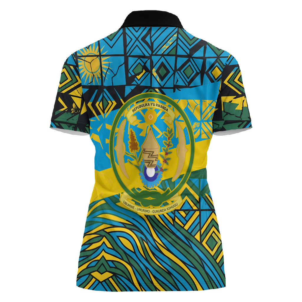 Rwanda Independence Day Women Polo Shirt Tribal Geometric Pattern - National Coat Of Arms And Sunburst