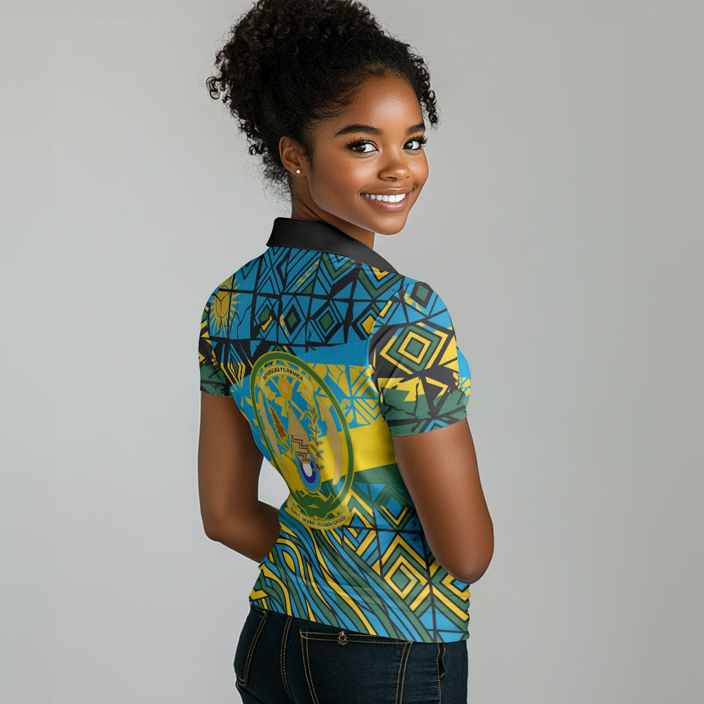 Rwanda Independence Day Women Polo Shirt Tribal Geometric Pattern - National Coat Of Arms And Sunburst