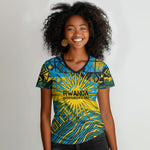 Rwanda Independence Day Women V-Neck T-Shirt Tribal Geometric Pattern - National Coat Of Arms And Sunburst