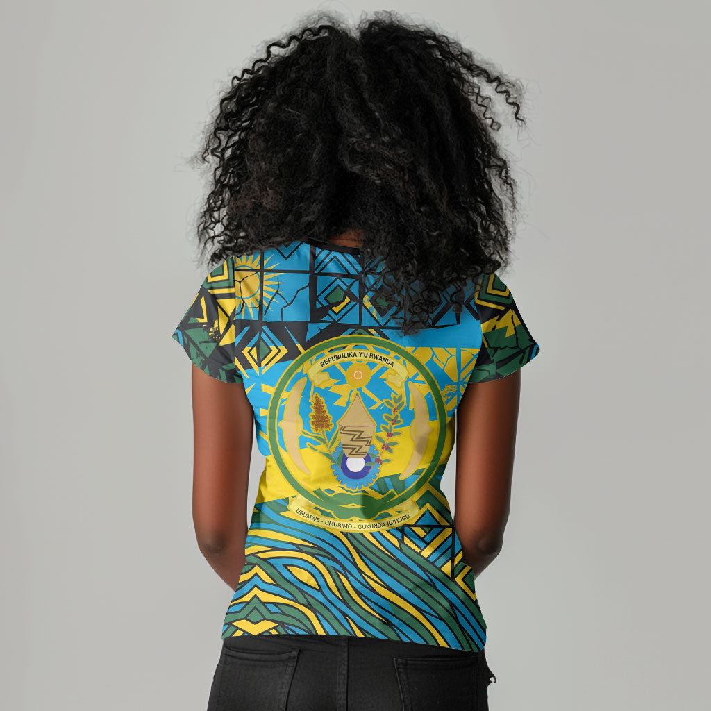 Rwanda Independence Day Women V-Neck T-Shirt Tribal Geometric Pattern - National Coat Of Arms And Sunburst