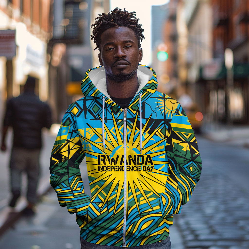 Rwanda Independence Day Zip Hoodie Tribal Geometric Pattern - National Coat Of Arms And Sunburst