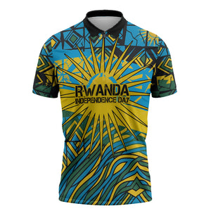 Rwanda Independence Day Zipper Polo Shirt Tribal Geometric Pattern - National Coat Of Arms And Sunburst