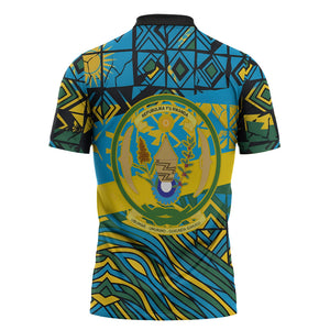 Rwanda Independence Day Zipper Polo Shirt Tribal Geometric Pattern - National Coat Of Arms And Sunburst