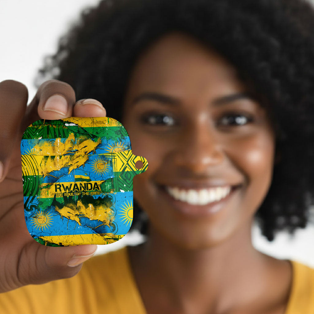 Rwanda Independence Day AirPods Case Distressed Grunge Flag Design - Broken Chains And 1962 Graphic