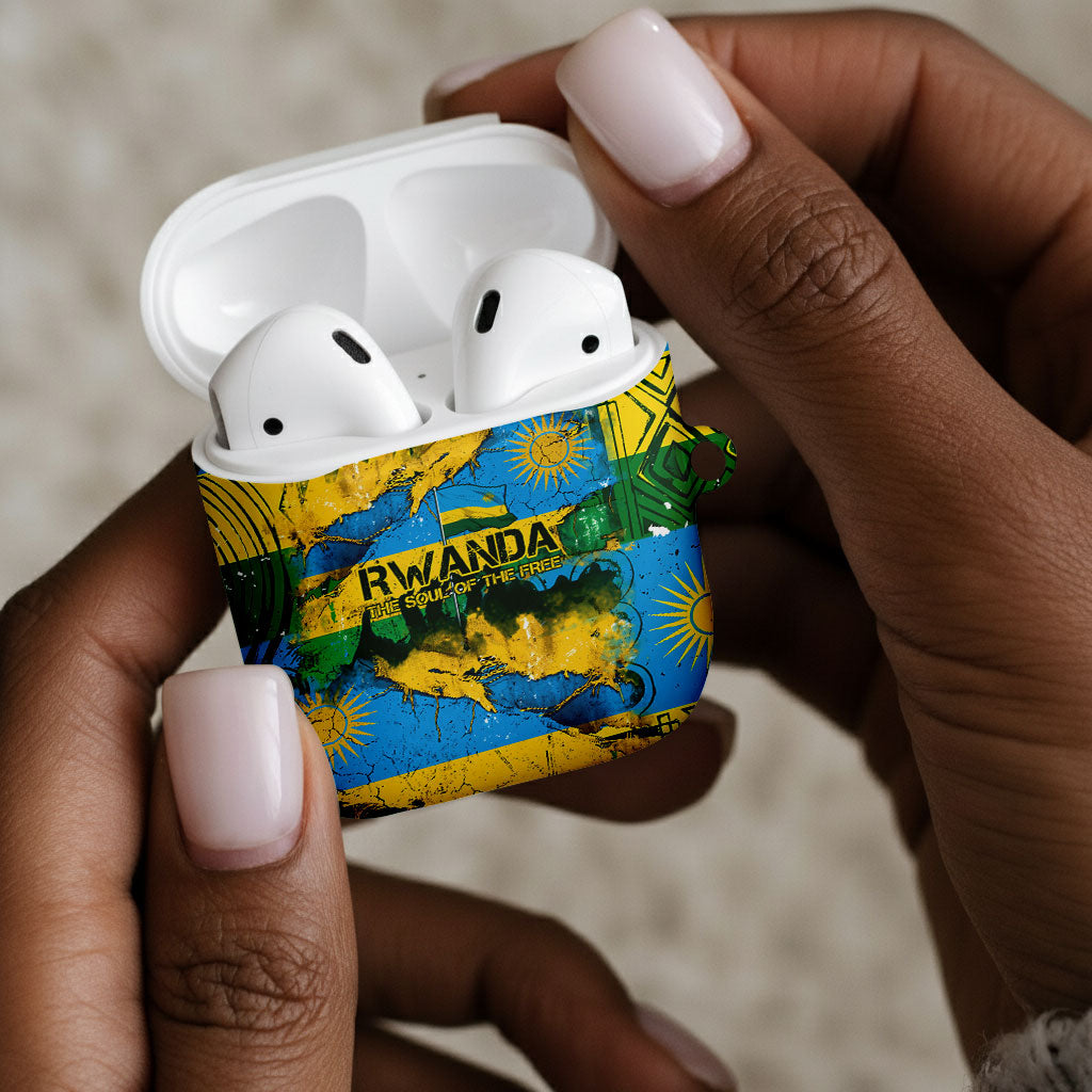 Rwanda Independence Day AirPods Case Distressed Grunge Flag Design - Broken Chains And 1962 Graphic
