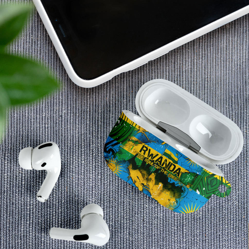 Rwanda Independence Day AirPods Case Distressed Grunge Flag Design - Broken Chains And 1962 Graphic