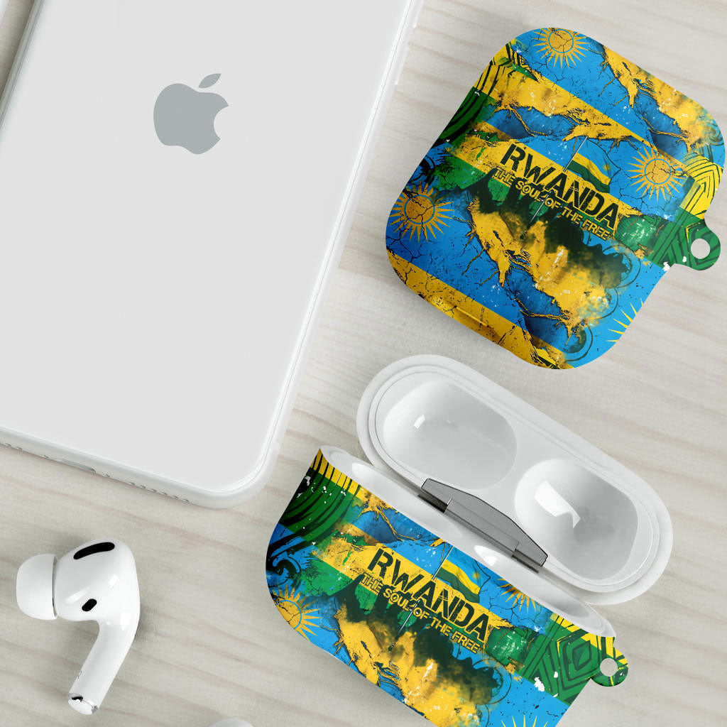 Rwanda Independence Day AirPods Case Distressed Grunge Flag Design - Broken Chains And 1962 Graphic