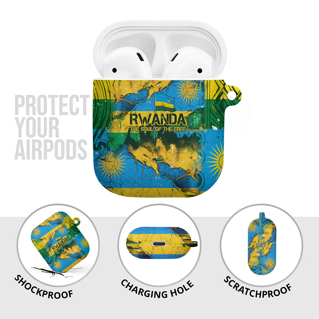 Rwanda Independence Day AirPods Case Distressed Grunge Flag Design - Broken Chains And 1962 Graphic