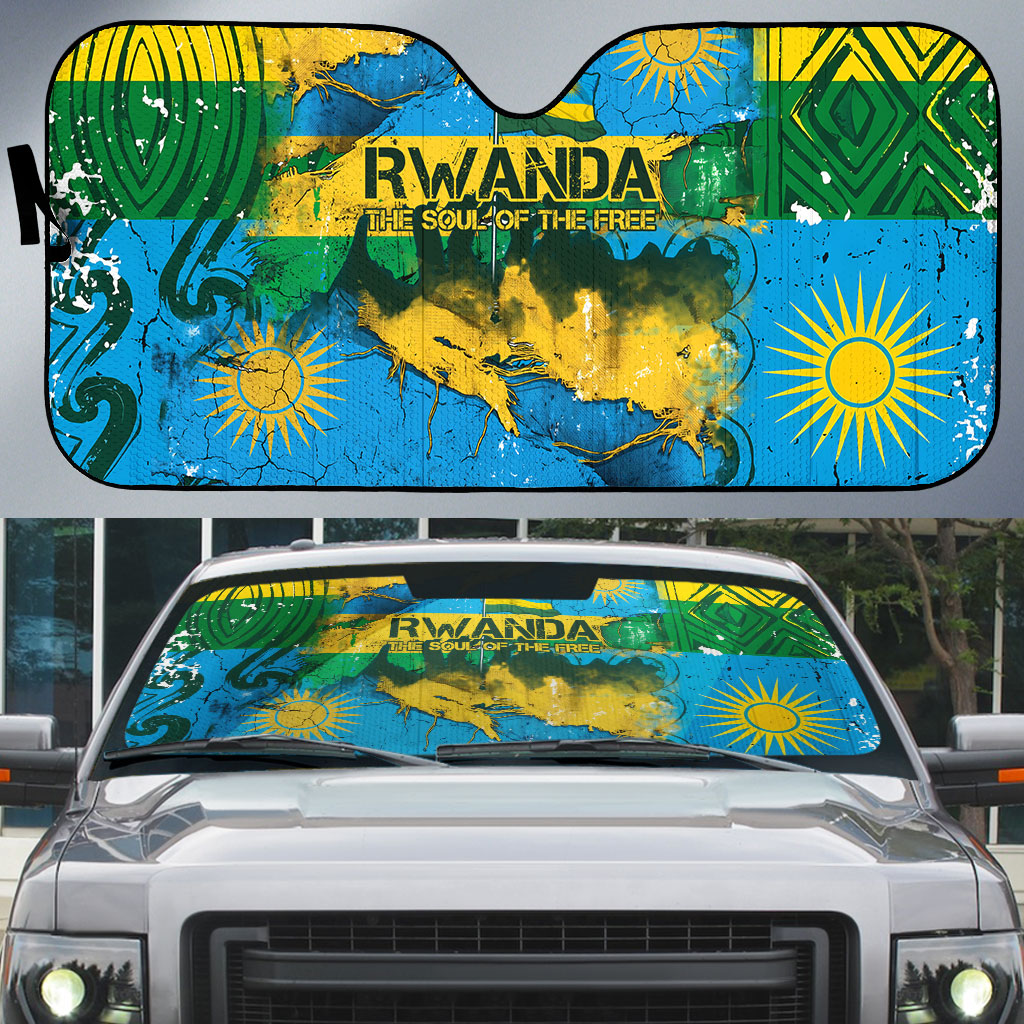 Rwanda Independence Day Auto Sun Shade Distressed Grunge Flag Design - Broken Chains And 1962 Graphic