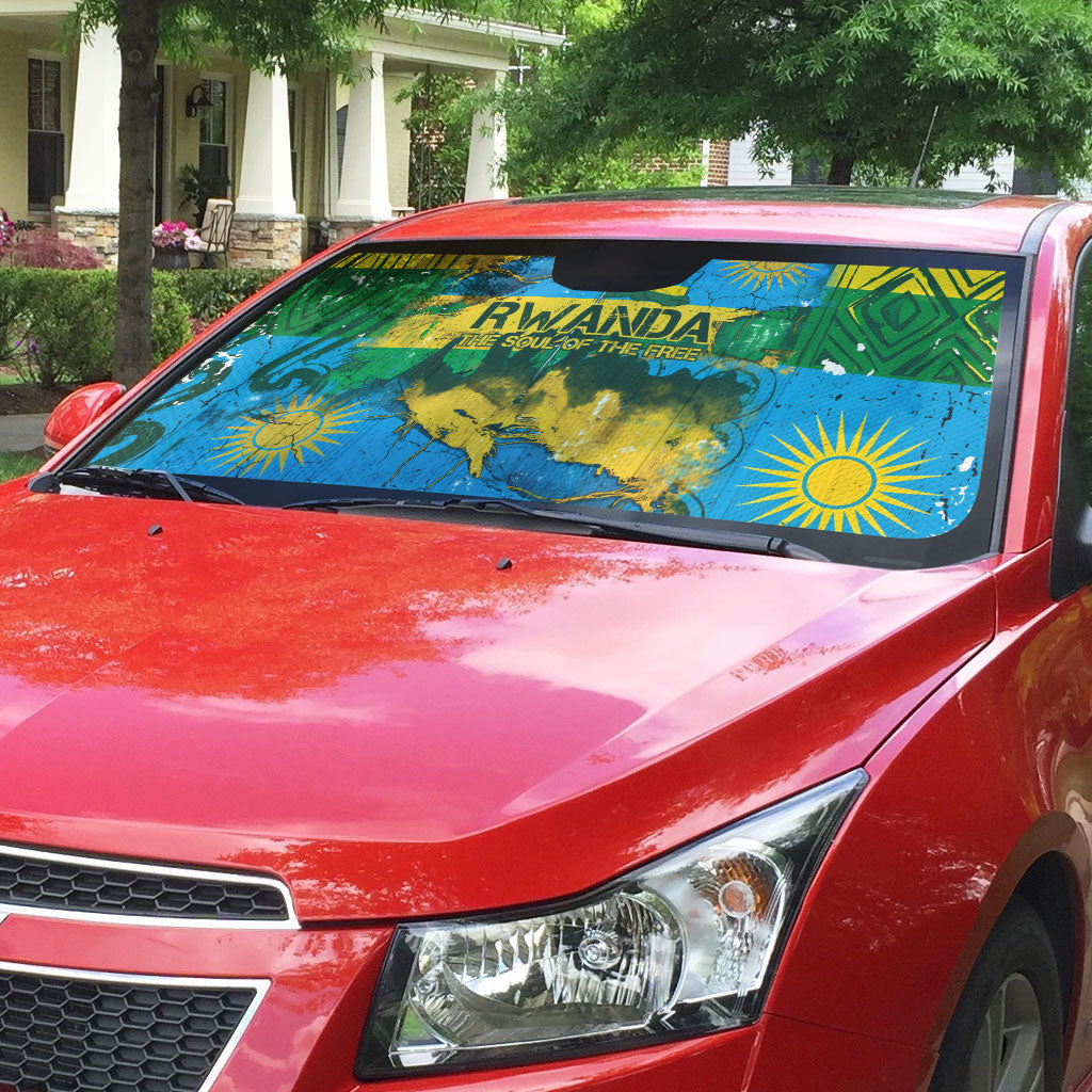Rwanda Independence Day Auto Sun Shade Distressed Grunge Flag Design - Broken Chains And 1962 Graphic