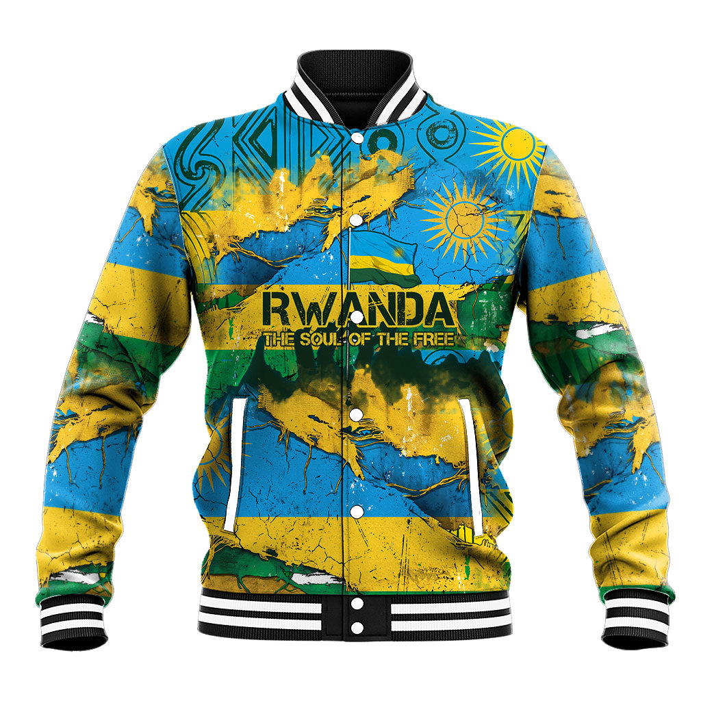 Rwanda Independence Day Baseball Jacket Distressed Grunge Flag Design - Broken Chains And 1962 Graphic