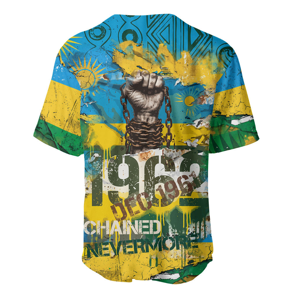 Rwanda Independence Day Baseball Jersey Distressed Grunge Flag Design - Broken Chains And 1962 Graphic