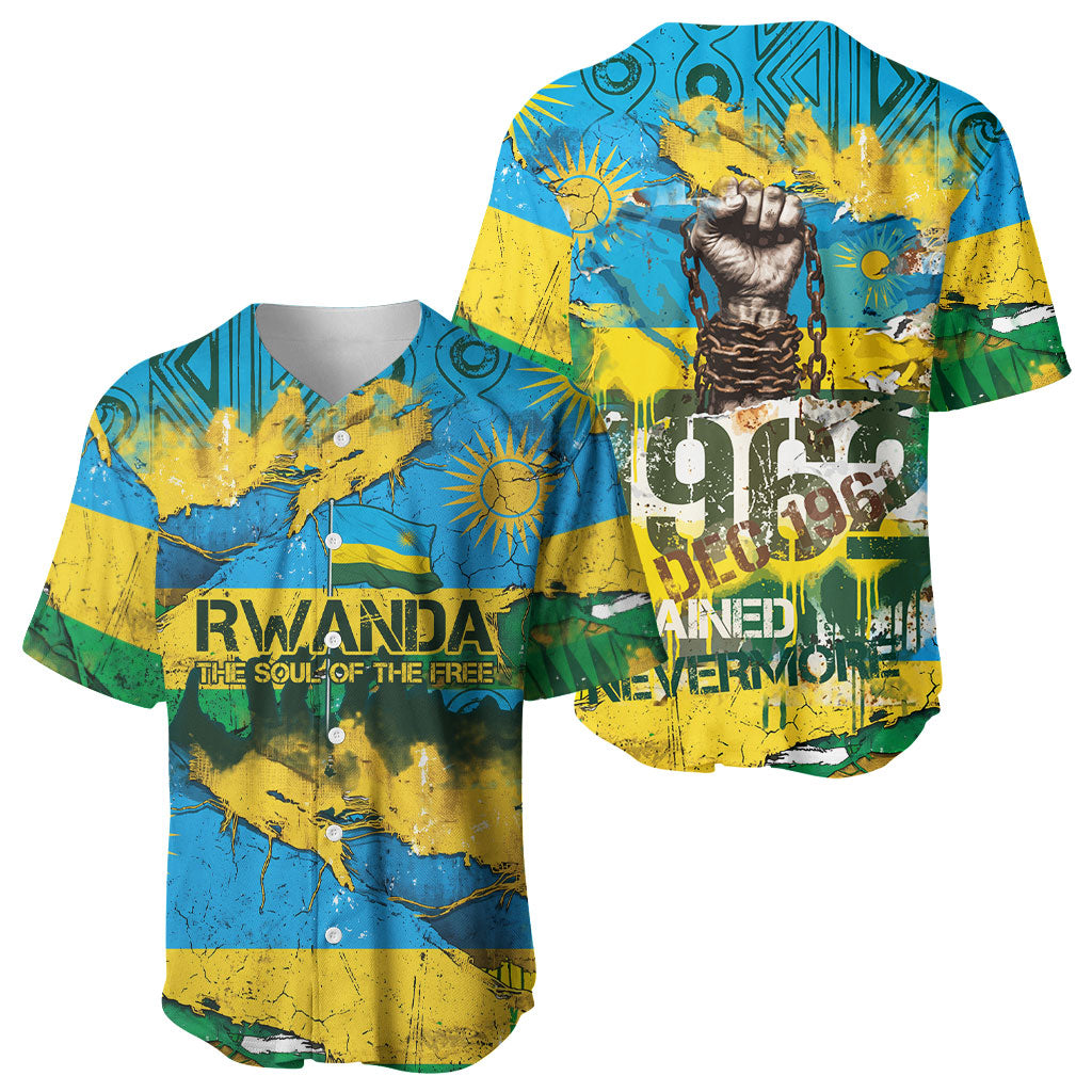 Rwanda Independence Day Baseball Jersey Distressed Grunge Flag Design - Broken Chains And 1962 Graphic