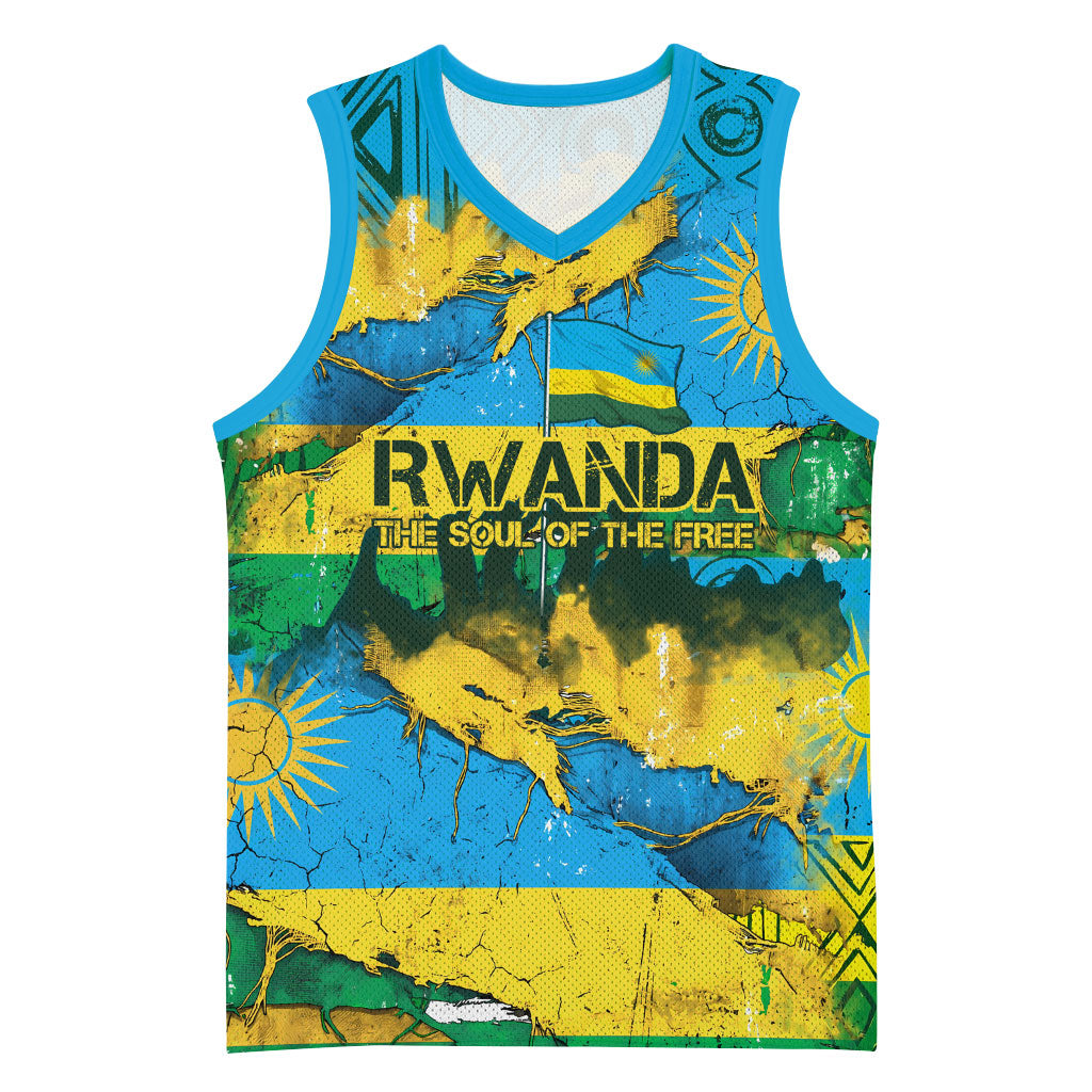 Rwanda Independence Day Basketball Jersey Distressed Grunge Flag Design - Broken Chains And 1962 Graphic