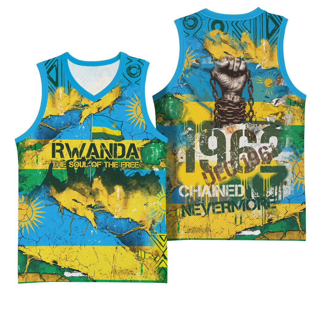 Rwanda Independence Day Basketball Jersey Distressed Grunge Flag Design - Broken Chains And 1962 Graphic