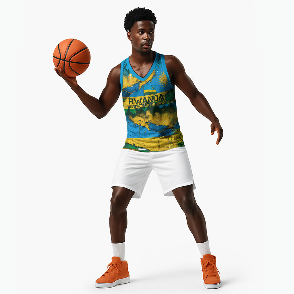 Rwanda Independence Day Basketball Jersey Distressed Grunge Flag Design - Broken Chains And 1962 Graphic