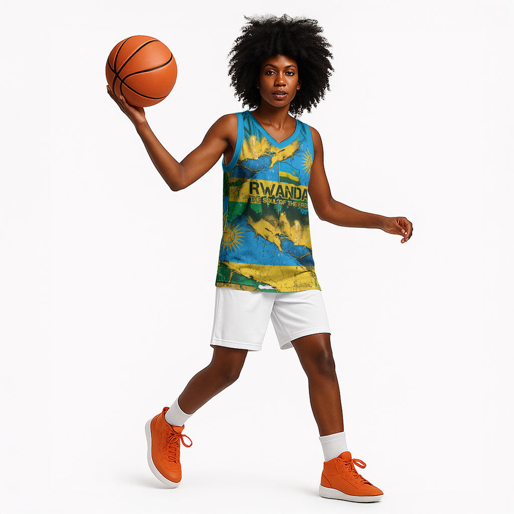 Rwanda Independence Day Basketball Jersey Distressed Grunge Flag Design - Broken Chains And 1962 Graphic