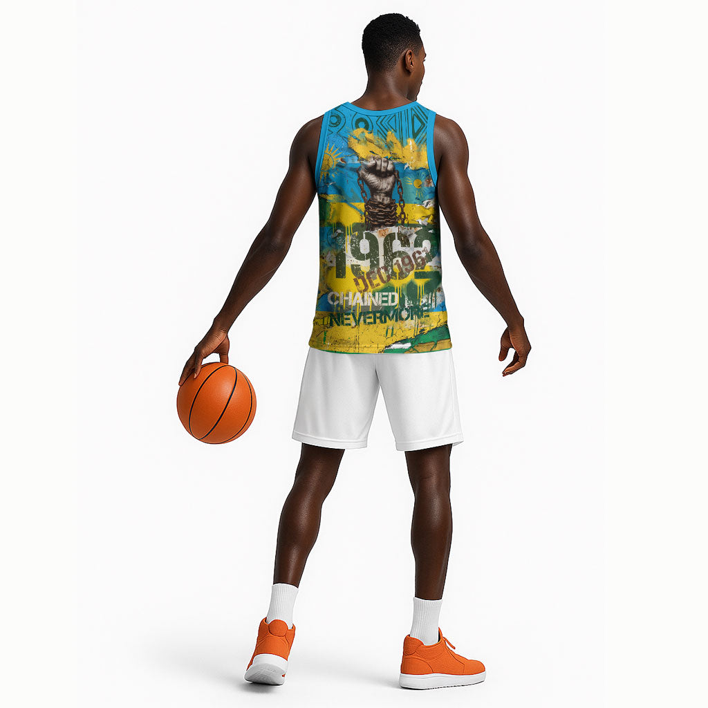 Rwanda Independence Day Basketball Jersey Distressed Grunge Flag Design - Broken Chains And 1962 Graphic