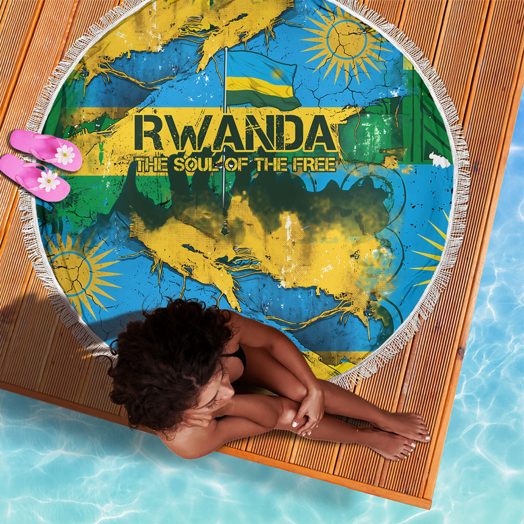 Rwanda Independence Day Beach Blanket Distressed Grunge Flag Design - Broken Chains And 1962 Graphic