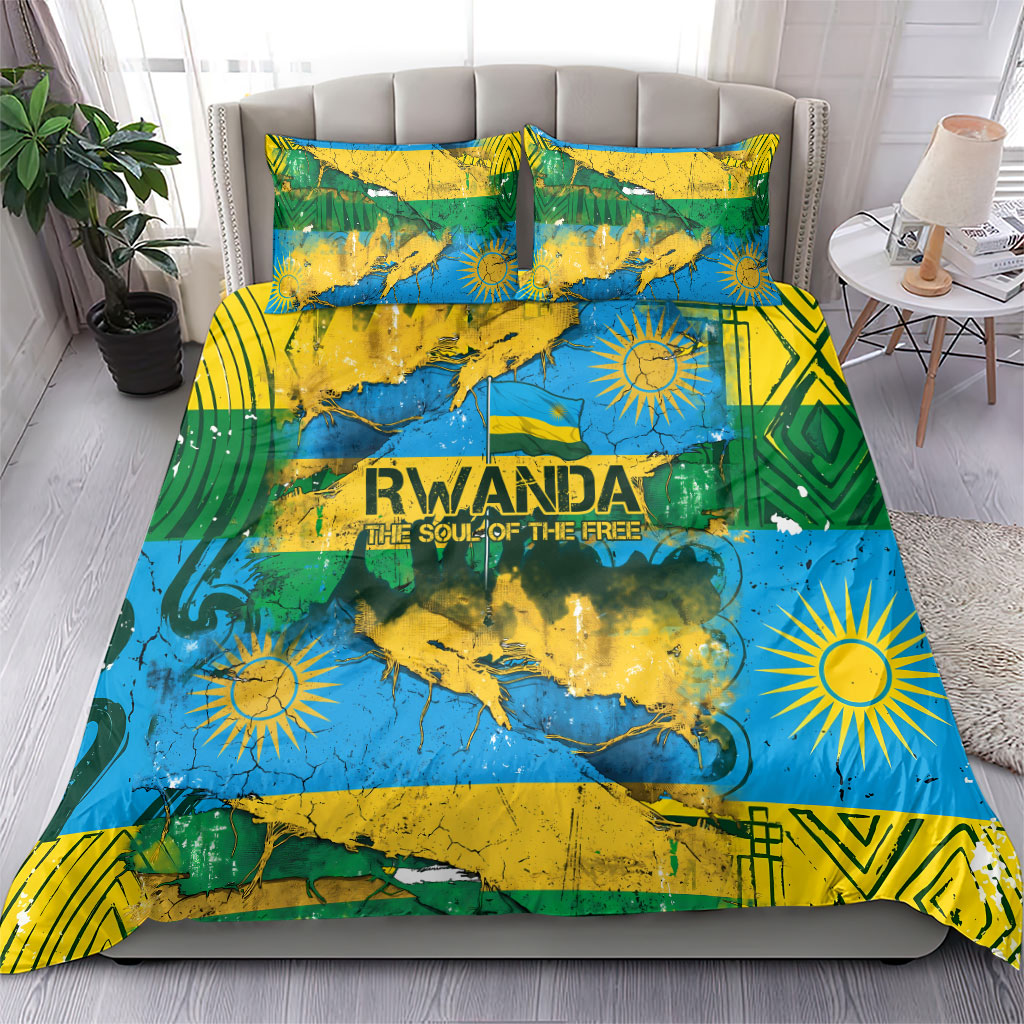 Rwanda Independence Day Bedding Set Distressed Grunge Flag Design - Broken Chains And 1962 Graphic