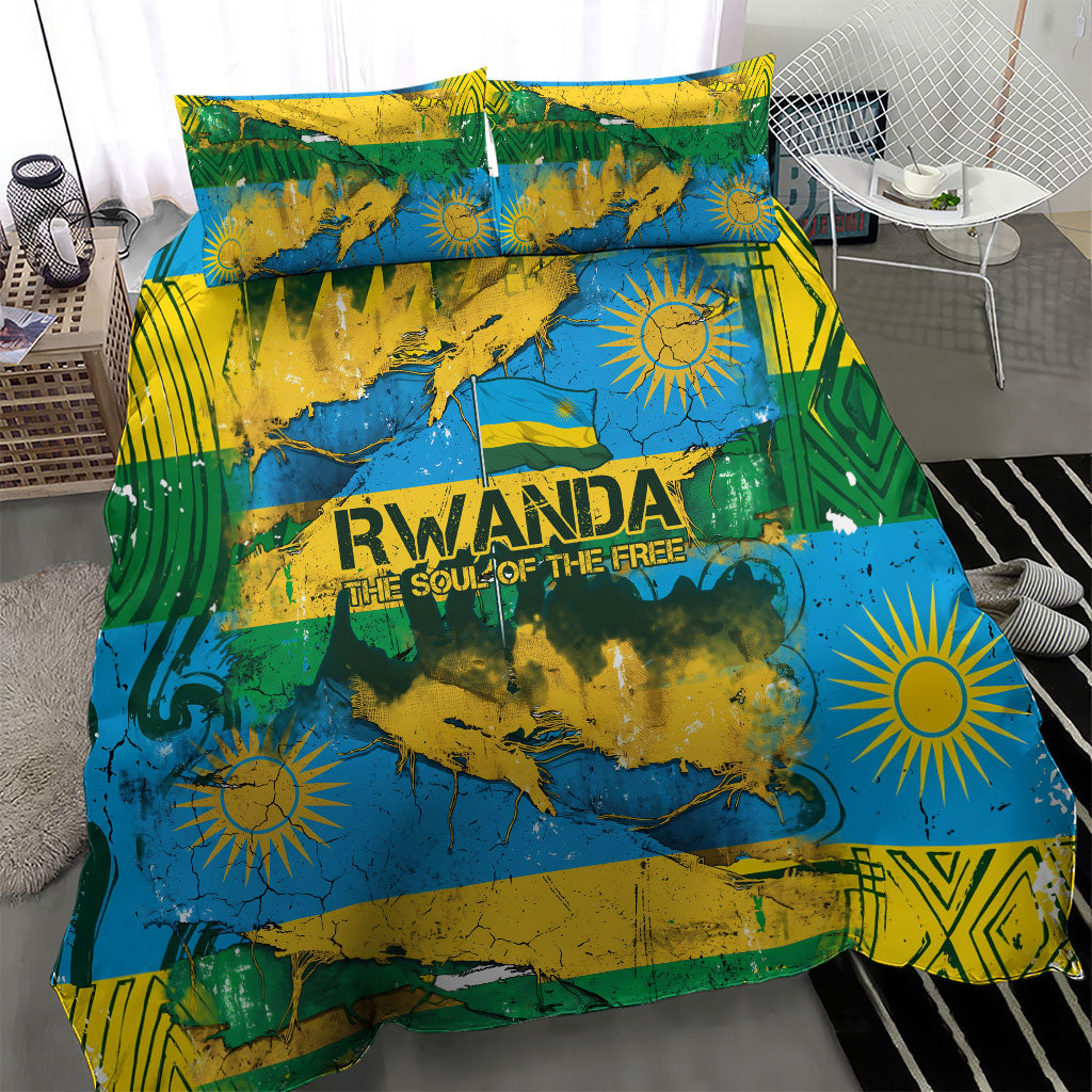 Rwanda Independence Day Bedding Set Distressed Grunge Flag Design - Broken Chains And 1962 Graphic
