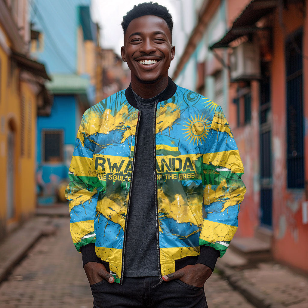 Rwanda Independence Day Bomber Jacket Distressed Grunge Flag Design - Broken Chains And 1962 Graphic