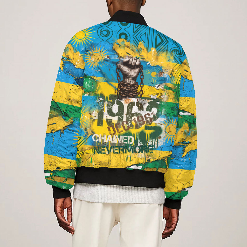 Rwanda Independence Day Bomber Jacket Distressed Grunge Flag Design - Broken Chains And 1962 Graphic