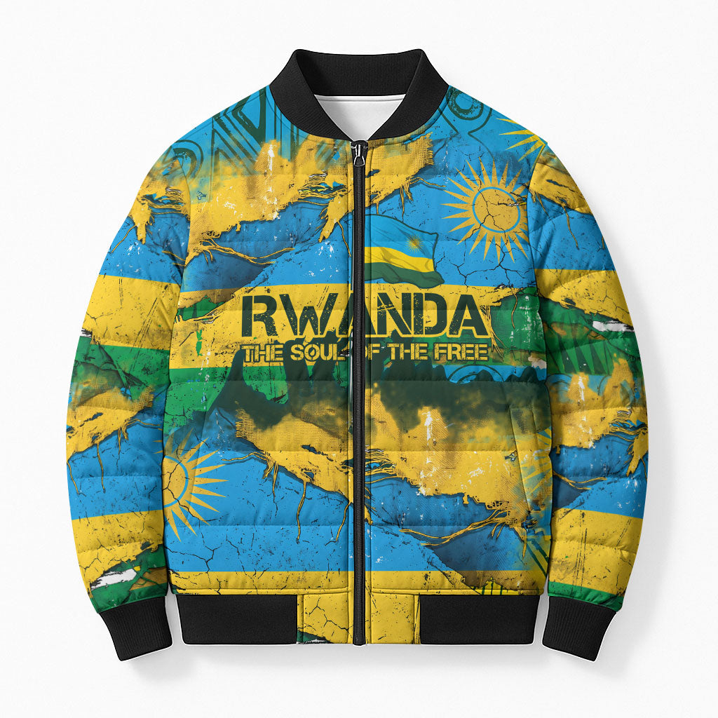 Rwanda Independence Day Bomber Puffer Jacket Distressed Grunge Flag Design - Broken Chains And 1962 Graphic