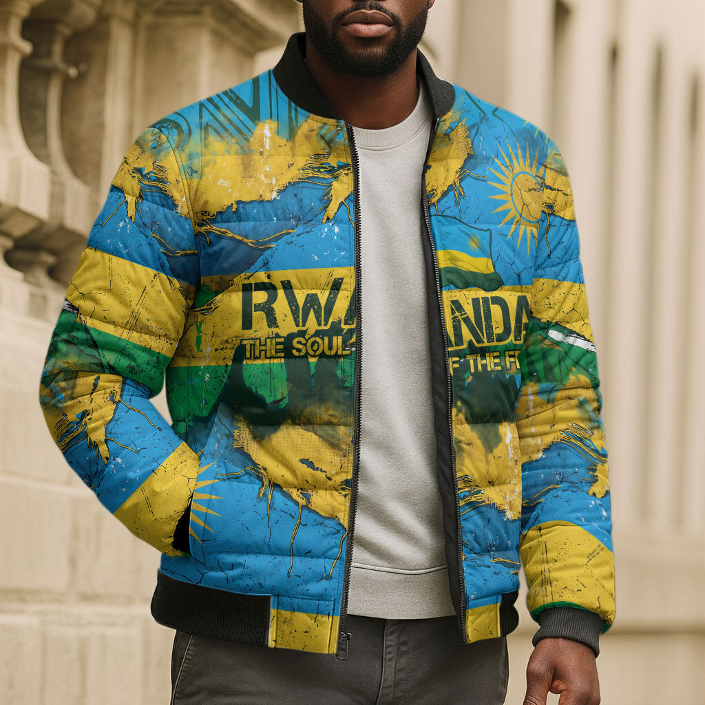 Rwanda Independence Day Bomber Puffer Jacket Distressed Grunge Flag Design - Broken Chains And 1962 Graphic