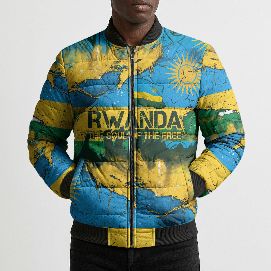 Rwanda Independence Day Bomber Puffer Jacket Distressed Grunge Flag Design - Broken Chains And 1962 Graphic