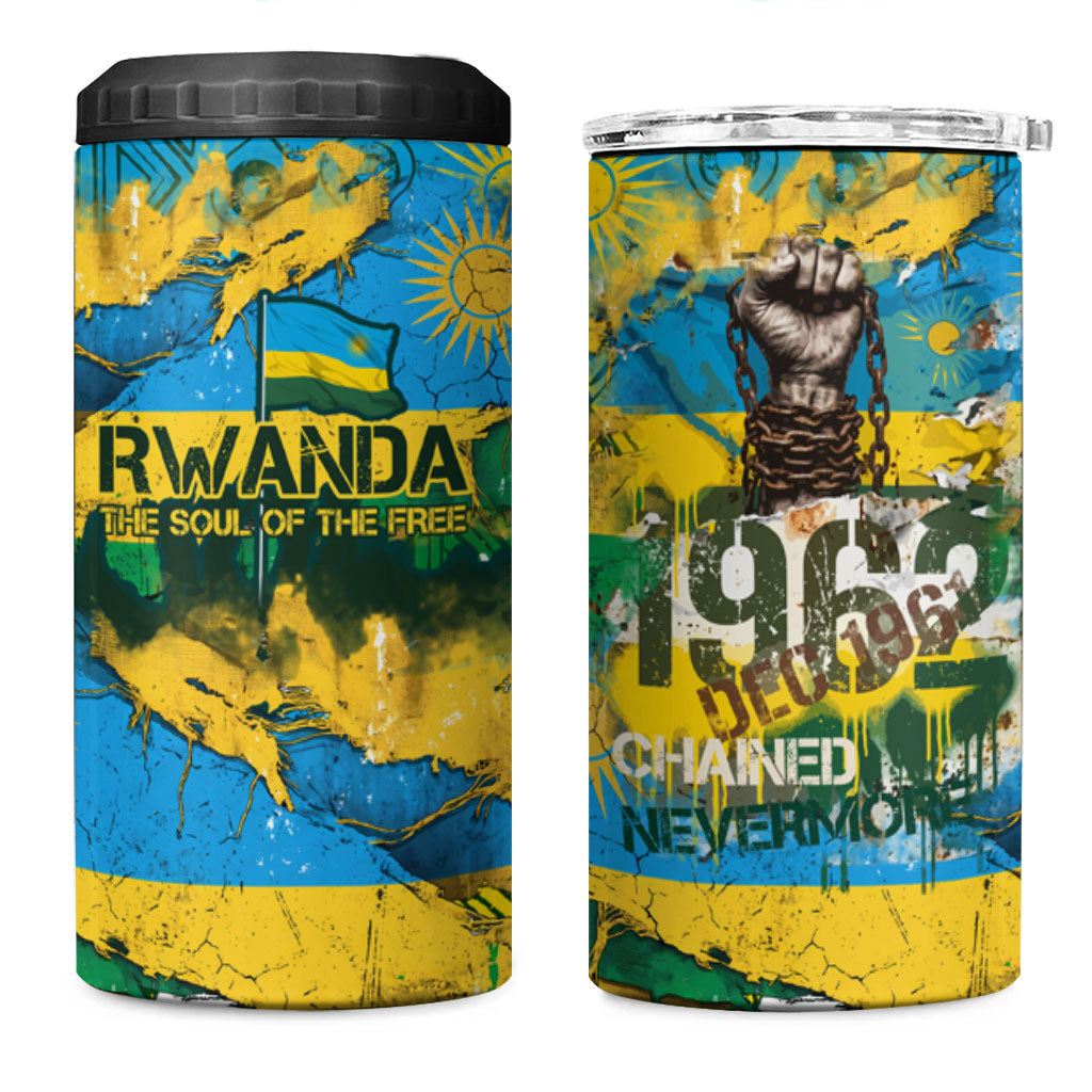 Rwanda Independence Day 4 in 1 Can Cooler Tumbler Distressed Grunge Flag Design - Broken Chains And 1962 Graphic