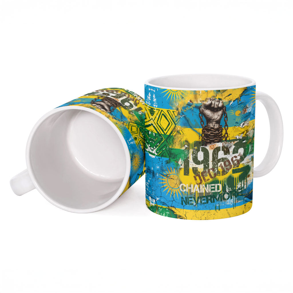 Rwanda Independence Day Ceramic Mug Distressed Grunge Flag Design - Broken Chains And 1962 Graphic