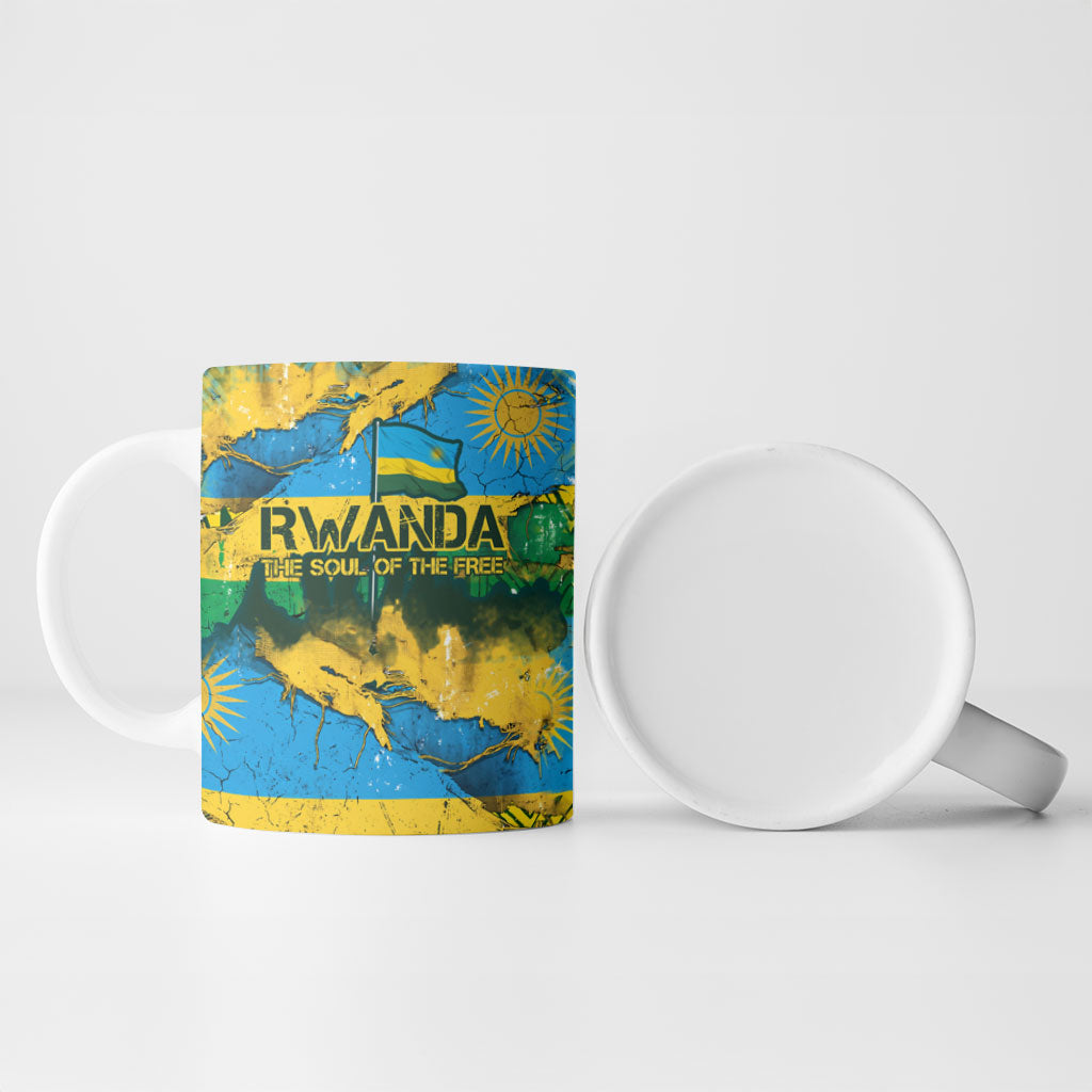 Rwanda Independence Day Ceramic Mug Distressed Grunge Flag Design - Broken Chains And 1962 Graphic