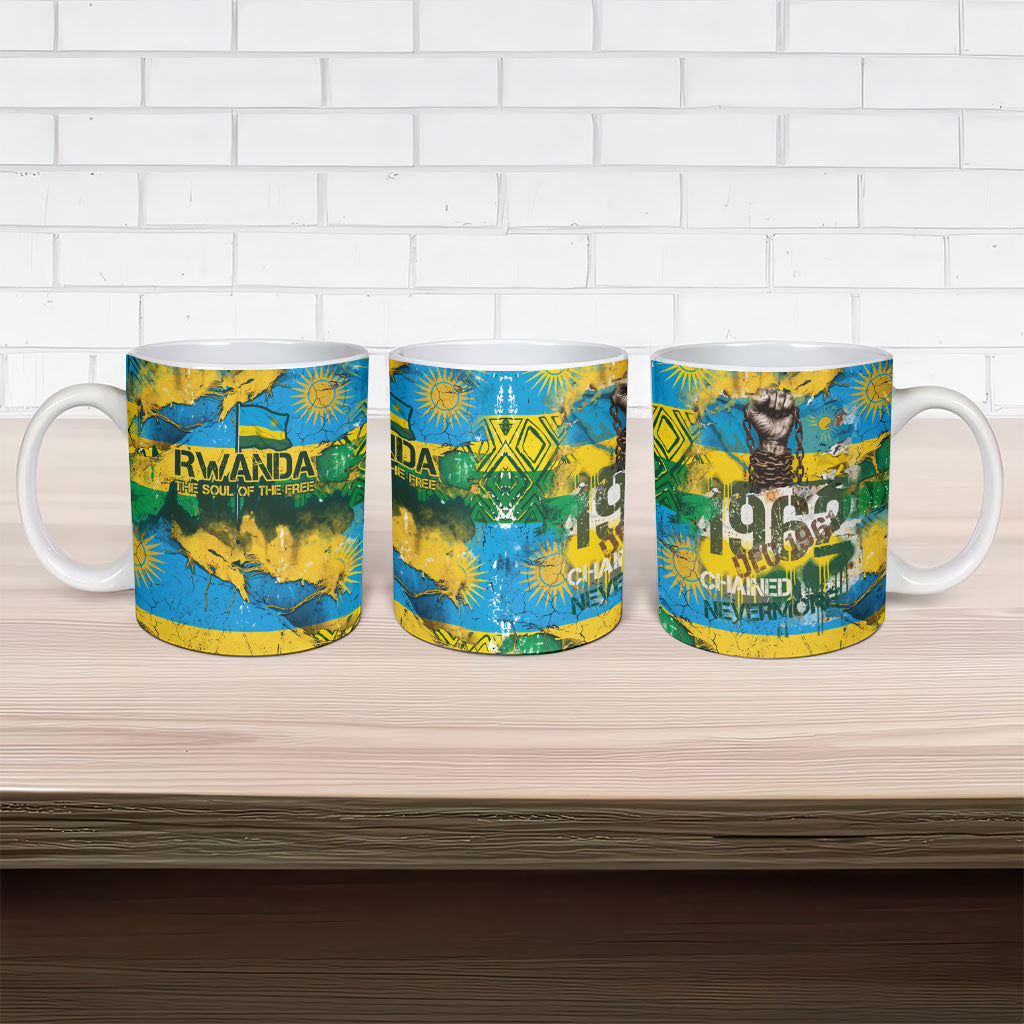 Rwanda Independence Day Ceramic Mug Distressed Grunge Flag Design - Broken Chains And 1962 Graphic