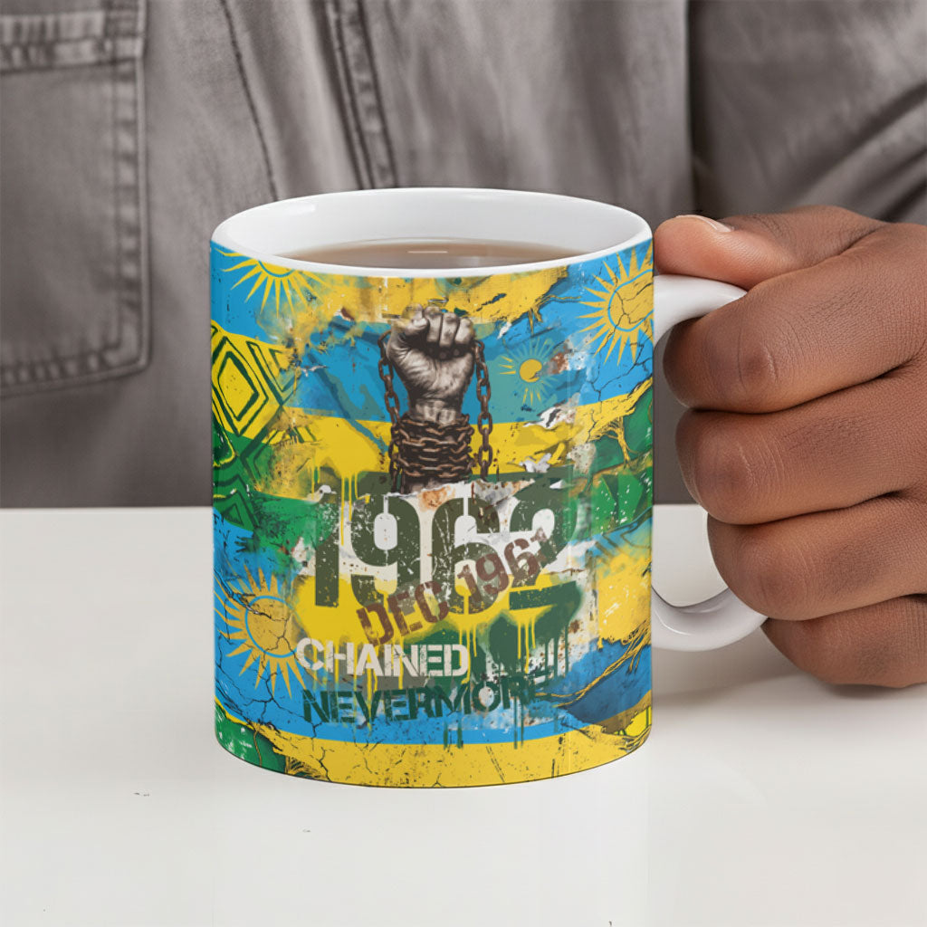 Rwanda Independence Day Ceramic Mug Distressed Grunge Flag Design - Broken Chains And 1962 Graphic