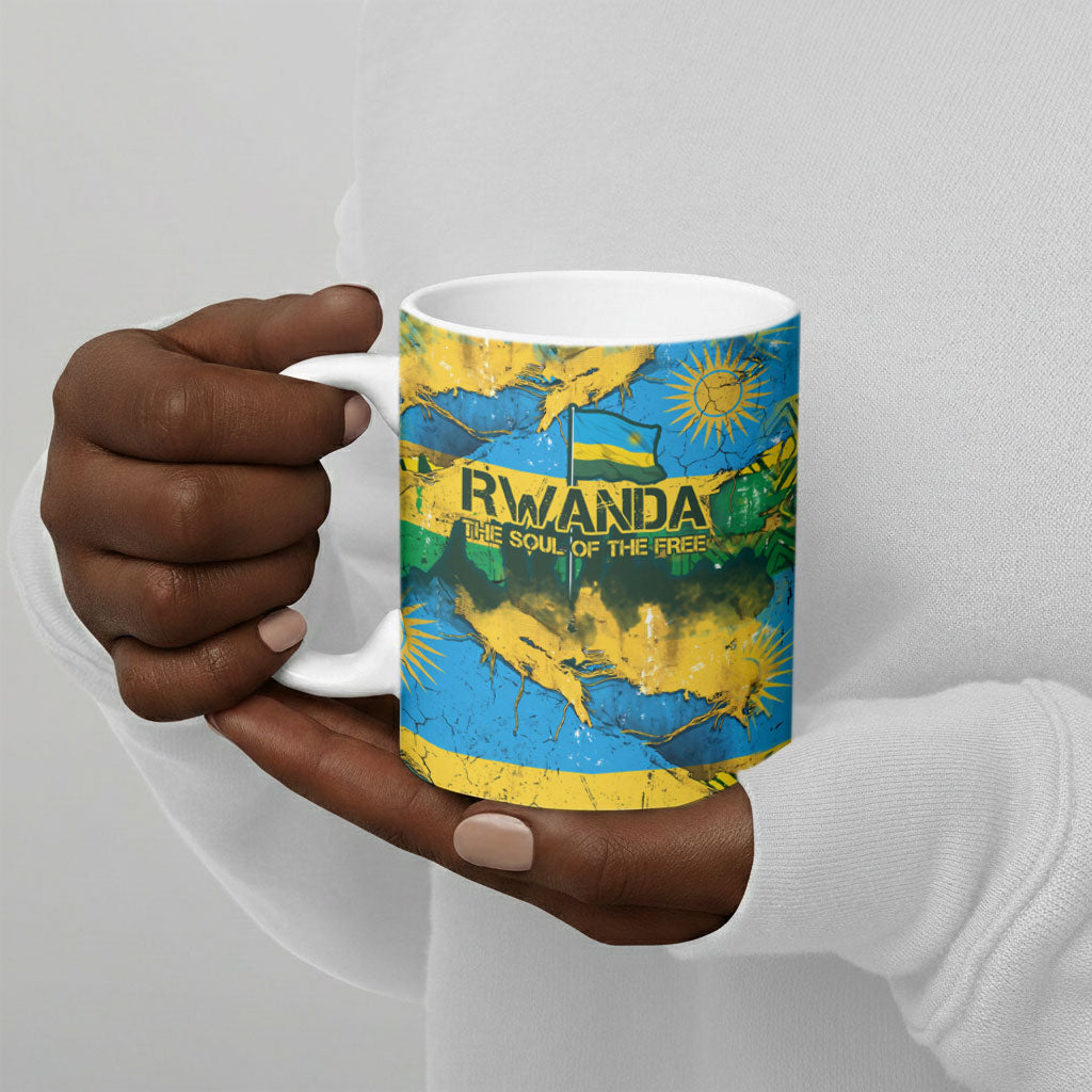 Rwanda Independence Day Ceramic Mug Distressed Grunge Flag Design - Broken Chains And 1962 Graphic