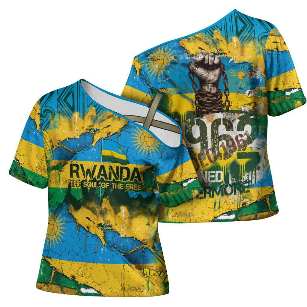 Rwanda Independence Day Cross Shoulder Shirt Distressed Grunge Flag Design - Broken Chains And 1962 Graphic