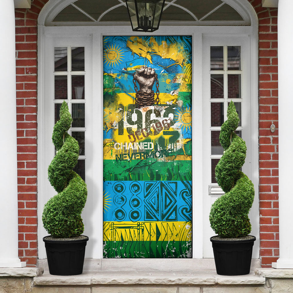 Rwanda Independence Day Door Cover Distressed Grunge Flag Design - Broken Chains And 1962 Graphic