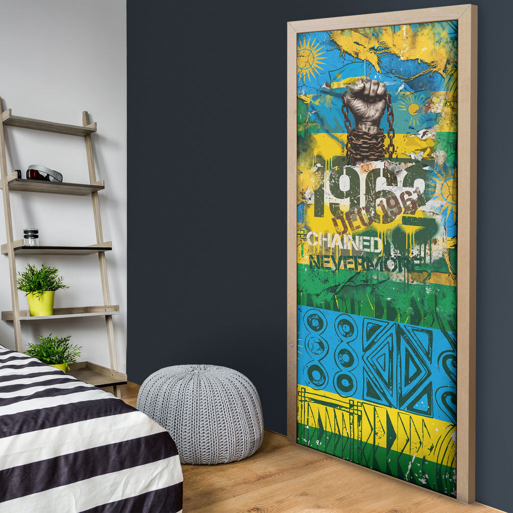 Rwanda Independence Day Door Cover Distressed Grunge Flag Design - Broken Chains And 1962 Graphic