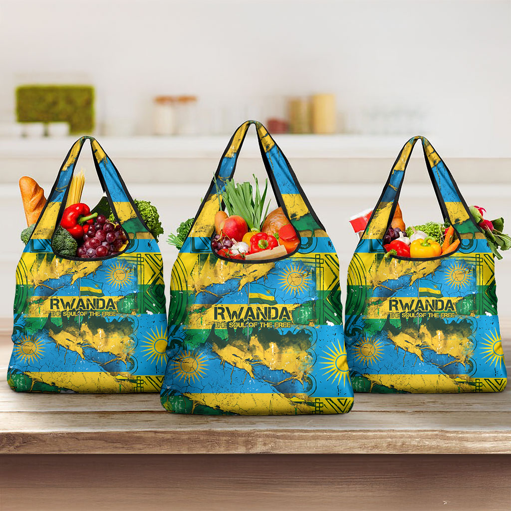 Rwanda Independence Day Grocery Bag Distressed Grunge Flag Design - Broken Chains And 1962 Graphic