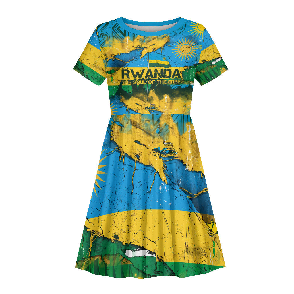 Rwanda Independence Day Kid Short Sleeve Dress Distressed Grunge Flag Design - Broken Chains And 1962 Graphic