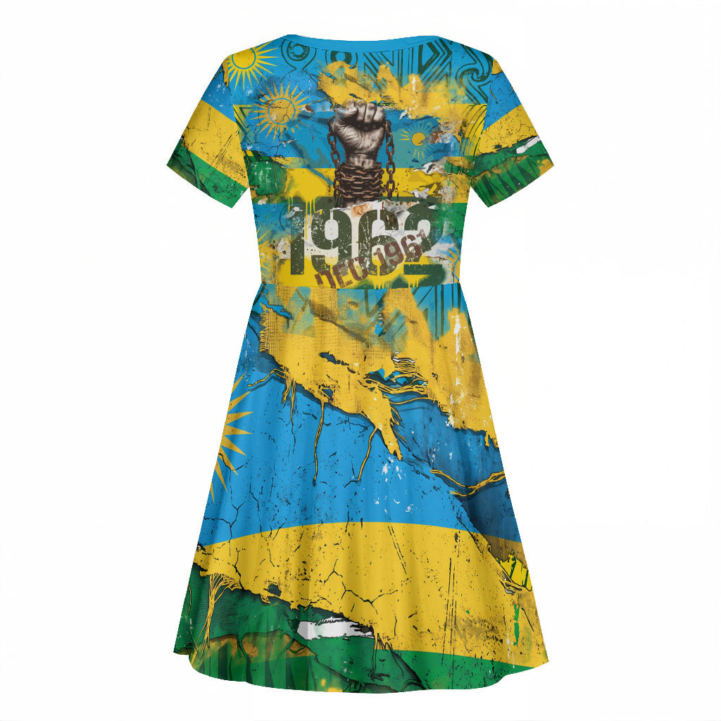 Rwanda Independence Day Kid Short Sleeve Dress Distressed Grunge Flag Design - Broken Chains And 1962 Graphic
