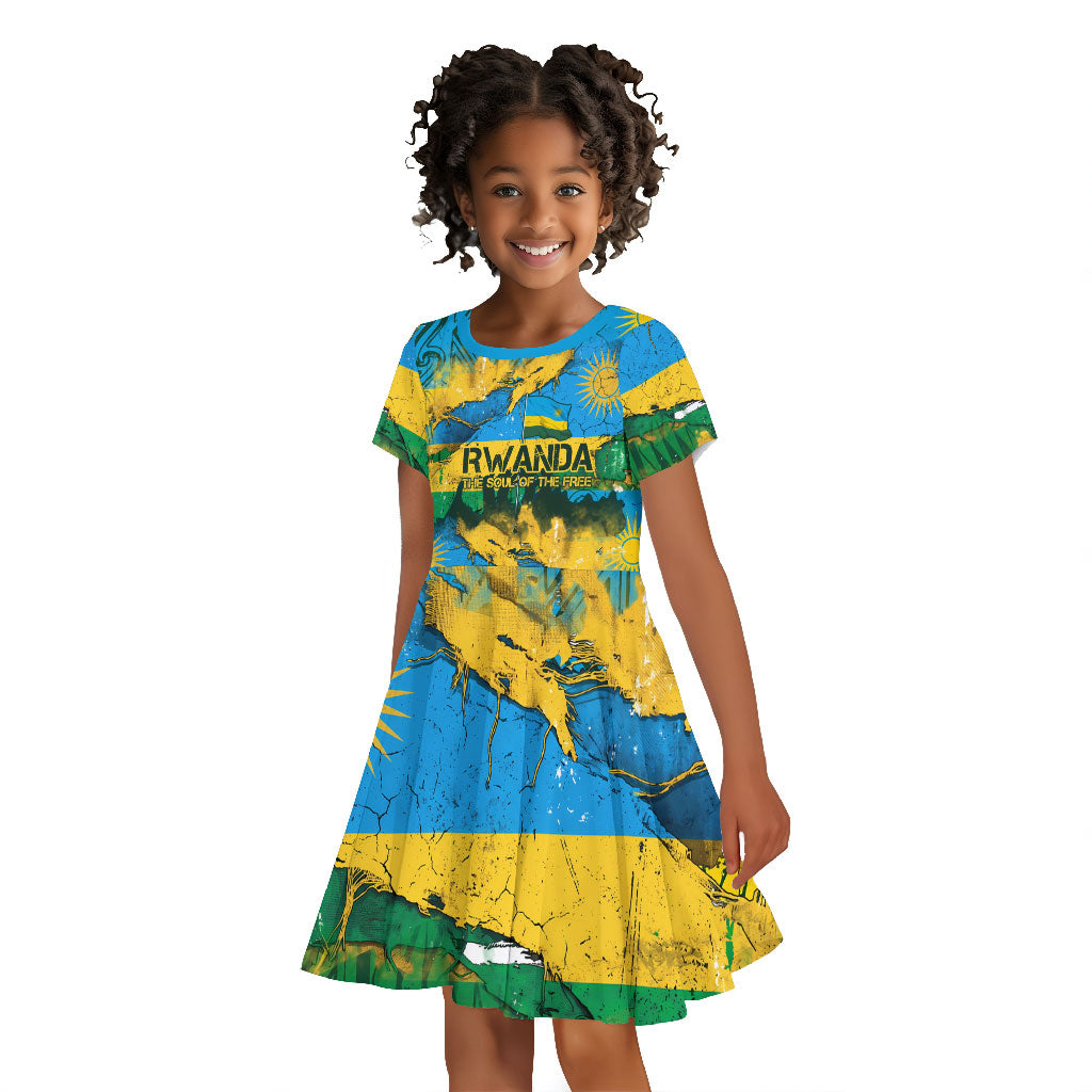 Rwanda Independence Day Kid Short Sleeve Dress Distressed Grunge Flag Design - Broken Chains And 1962 Graphic