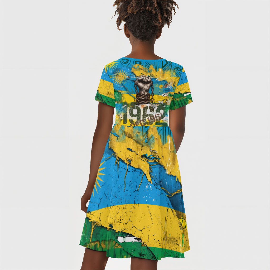 Rwanda Independence Day Kid Short Sleeve Dress Distressed Grunge Flag Design - Broken Chains And 1962 Graphic